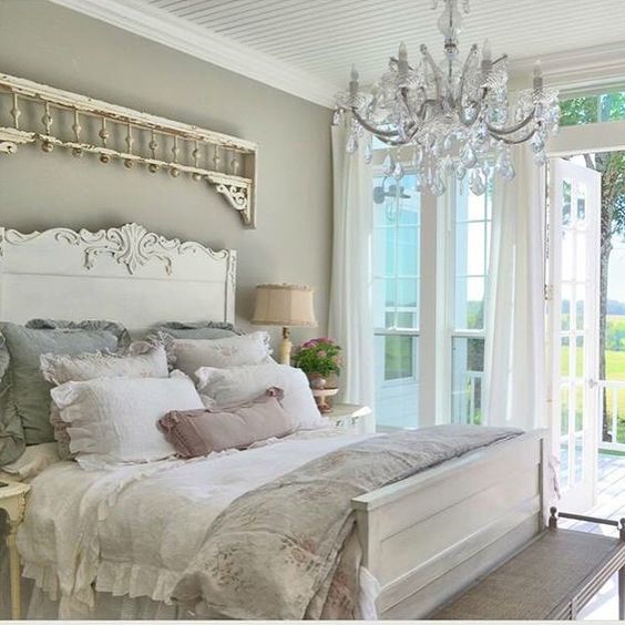 bedroom shabby chic decor chandelier crystal country pastel colored master french farmhouse headboard cozy bed shelterness decorating cottage pieces bedding