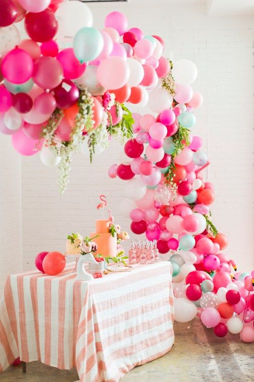 colorful balloon arch for the dessert table, flamingo styled bridal shower