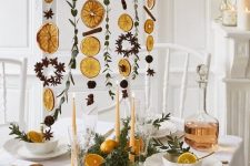 dried garlands of cinnamon sticks, dried citrus, greenery and nuts and pinecones will brign a fall feel and an aroma to the space