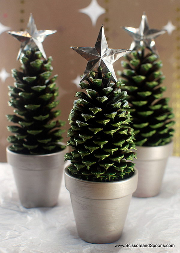 Even a single pine cone could be painted in lovely green shade and topped with a star to become a cute tiny Christmas tree.