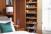 awesome shoes storage idea for a bedroom that saves lots of space but is still very functional