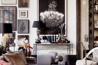 busy interior with a galleyr wall and an extremely busy console table