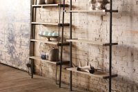 Leaning wood and metal wall shelving unit could easily be used on a kitchen