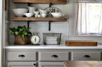 gray cabinets & rustic open shelves looks great together