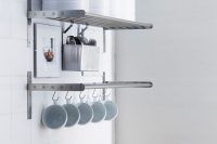 metal is a great and very practical material for kitchen shelves which could be used several ways