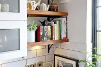 open shelves in kitchen are perfect to fill all these gaps and corners