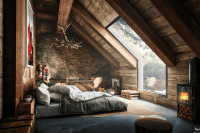 rustic attic bedroom that features amazing forest view