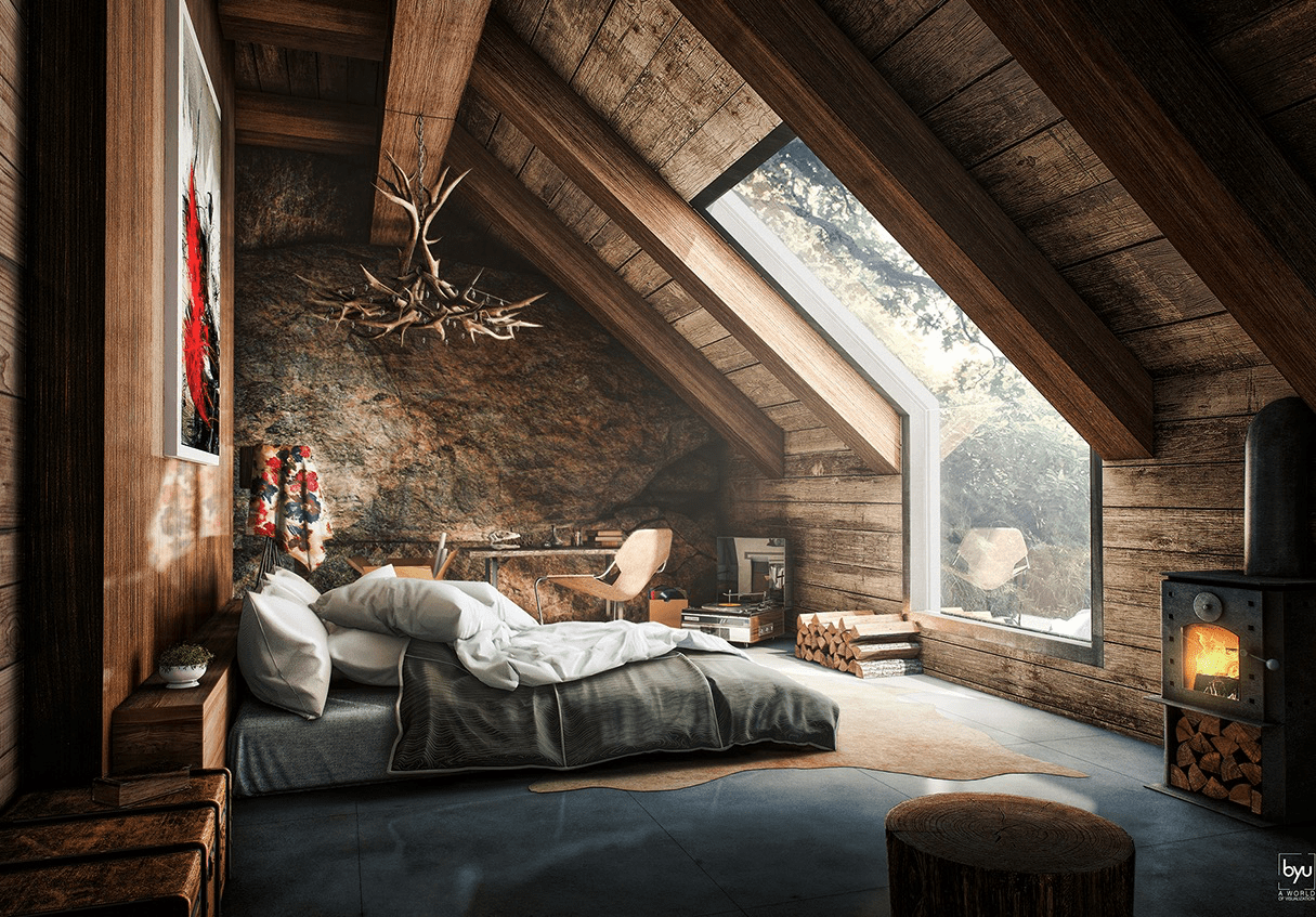 Rustic attic bedroom that features amazing forest view