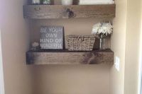 rustic looking floating shelves can easily be hanged above your toilet