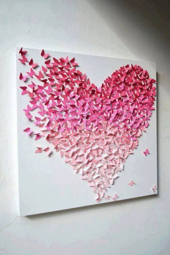 a romantic Valentine's Day wall art of an ombre heart made of 3D paper butterfles
