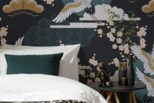 dark whimsical print wallpaper is a bold idea to add a pattern and an Asian feel to the space