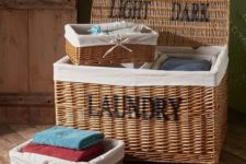 a wicker chest with cubbies for storage is ideal for any farmhouse space
