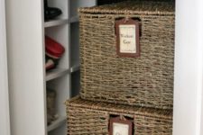 a wicker chest with tags will show off what’s inside and make your closet more interesting