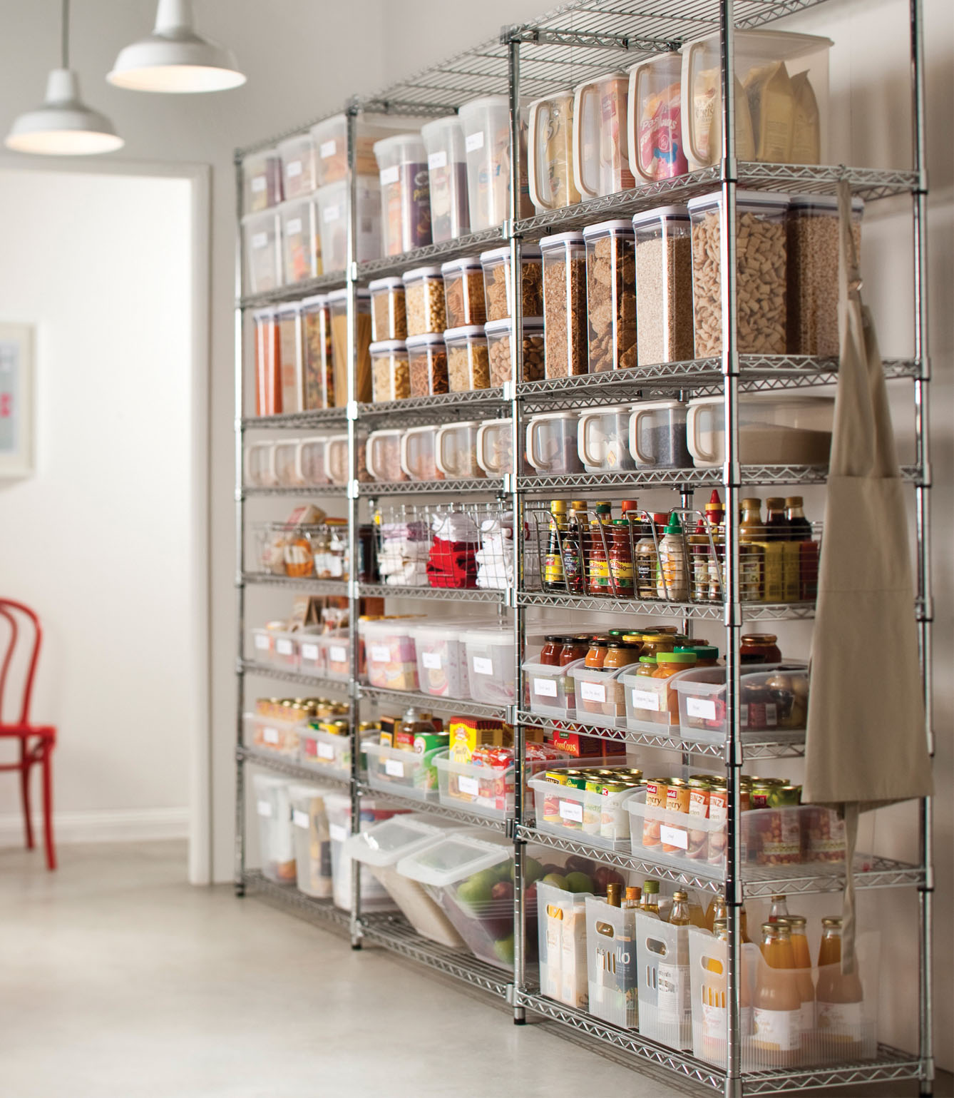 Metal shelving units are perfect to organize your food supplies