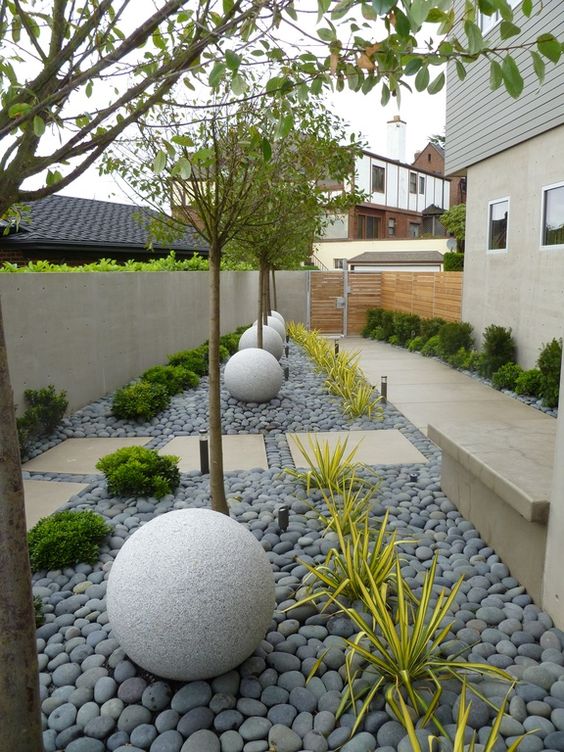 a chic and manicured backyard done with grey pebbles, greenery and large stone balls