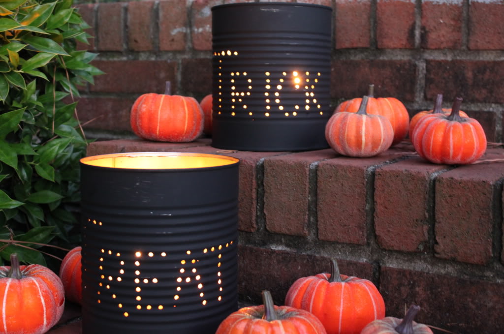 Making luminaries from tin cans is an easy and affordable way to decorate your home for Halloween. You'll need a hammer and a large nail or an awl to punch holes in tin cans, some black paint and tea lights to put inside.  (via www.jollymom.com)
