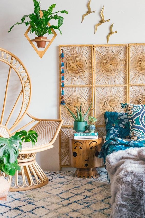 a woven boho space divider completes the bedroom looks and gives a whimsy and catchy touch to it