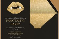a chic black and gold glitter Halloween party invitation with fangs is a top glam idea to go for