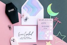 bright and fun Halloween invitations in pink, with ghosts and holographic prints are bold and cool