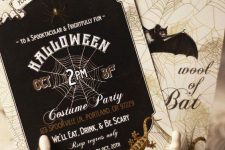 elegant black, white and gold Halloween party invitations with bat, spider and lizard prints are chic