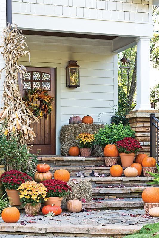 a Thanksgiving porch with corn husks and cobs, potted greenery and blooms, natural pumpkins and baskets