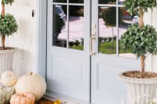 a cozy neutral porch with natural pumpkins, potted white blooms and potted trees is very lovely