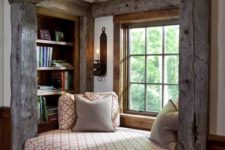 a rustic windowsill reading nook with a cool upholstered bench, built-in shelves under it and on each side