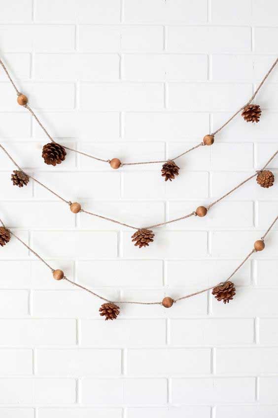 an easy and cool pinecone and wooden bead garland can be made for the fall and winter, it will add a woodland feel