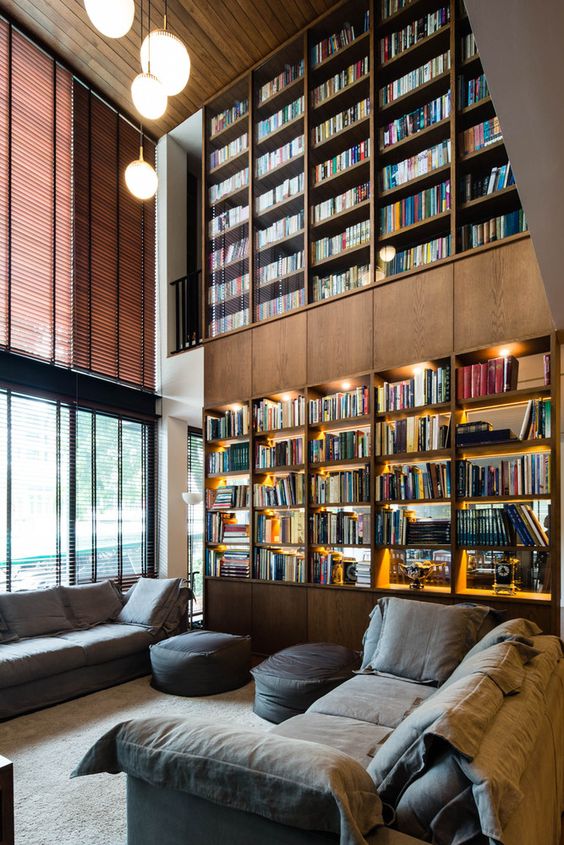 a large double-height library in the living room with additional lights and large windows plus cool sofas