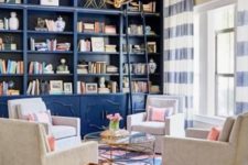 bright blue bookcases done in chic and refined style look bold, add color and create a library feel in the room