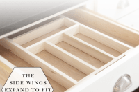 DIY wooden drawer organizer which has side wings that expand to fit any size drawer