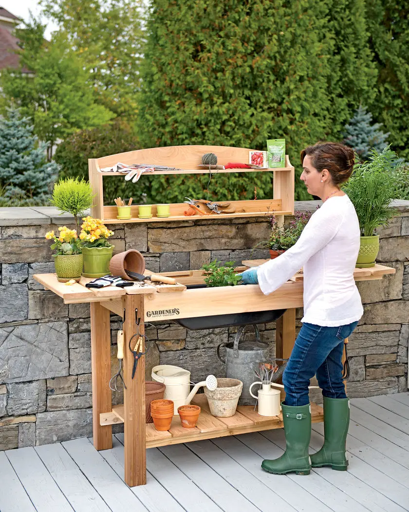 functional gardening bench with shelves