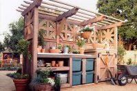 large potting bench with lots of storage