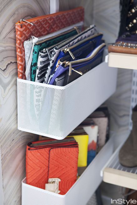 attach such mesh containers to your closet doors and all your purses, handbags and clutches will fit there