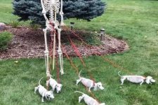 a skeleton walking his skeleton dogs is a funny idea to recreate in your backyard for Halloween