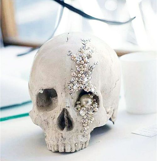 an embellished skull with beads, sequins and pearls is a nice decor idea for Halloween