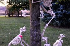 crazy skeleton running ways from skeleton dogs is a hilarious Halloween decoration for outdoors