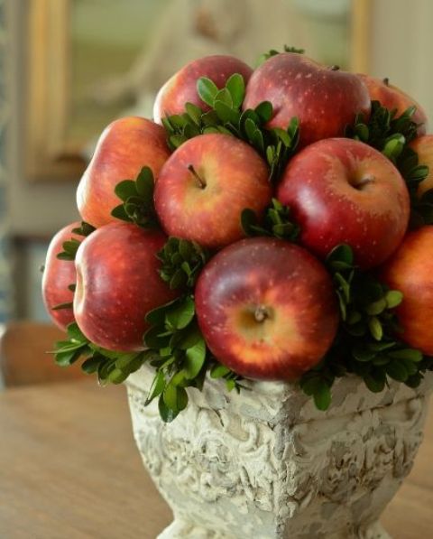 a cozy vintage fall centerpiece of a vintage urn, boxwood and red apples is a chic natural fall decoration