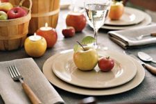 apples in wooden baskets, as candleholders and for marking each place setting are all you need for a cool fall aprty