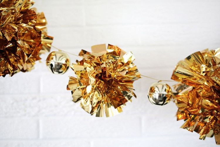 DIY Sparkling Gold Mylar Pompom Garland