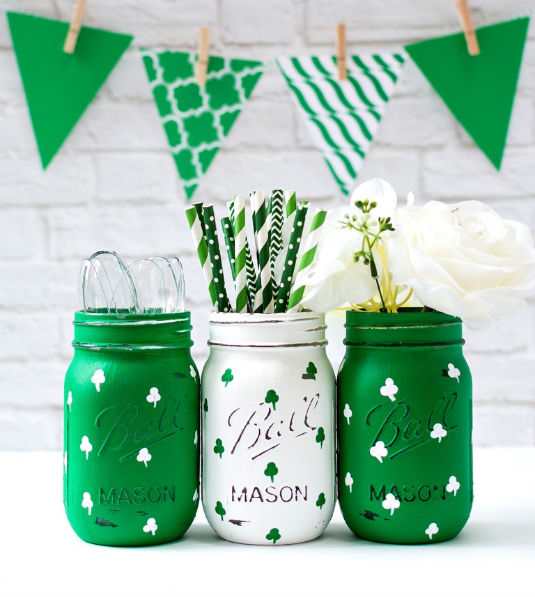 Picture Of diy painted shamrock mason jars for st.patricks day  2