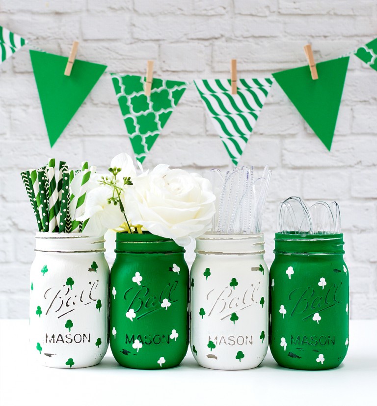 Picture Of diy painted shamrock mason jars for st.patricks day  6