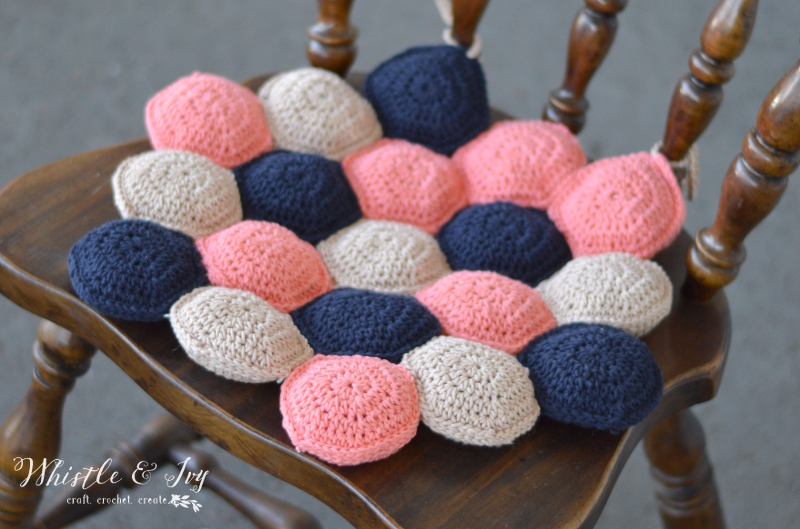 Picture Of diy crocheted hexie puff seat cushion  1