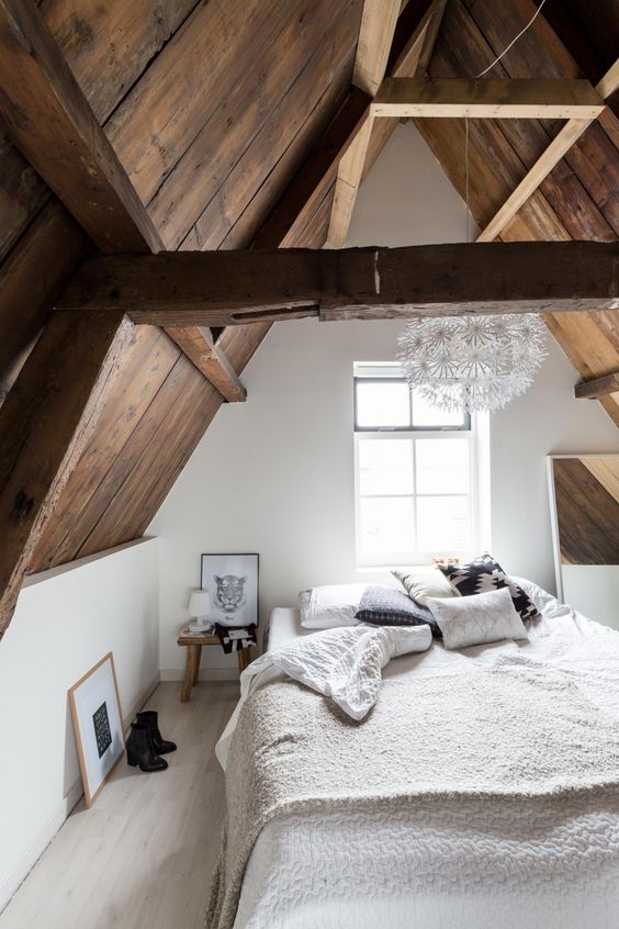 barn wooden ceiling with sculptural beams