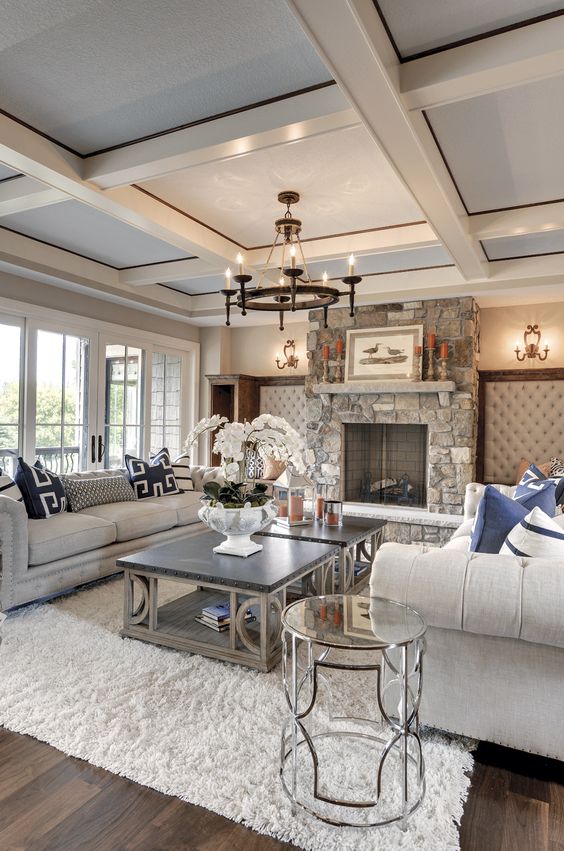beige and grey coffered ceiling for a living room