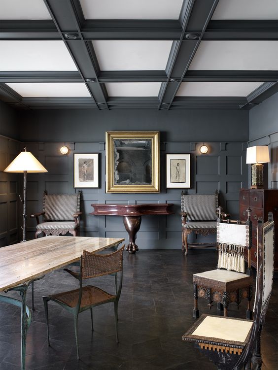 black and white living room coffered ceiling
