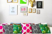 bold gallery wall with mismatching frames