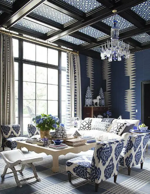 dark wood and blue patterned coffered ceiling for a living room