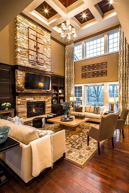 dark wood and white coffered ceiling for a living room