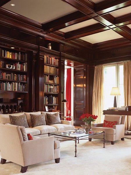 dark wood and white coffered ceiling for a study